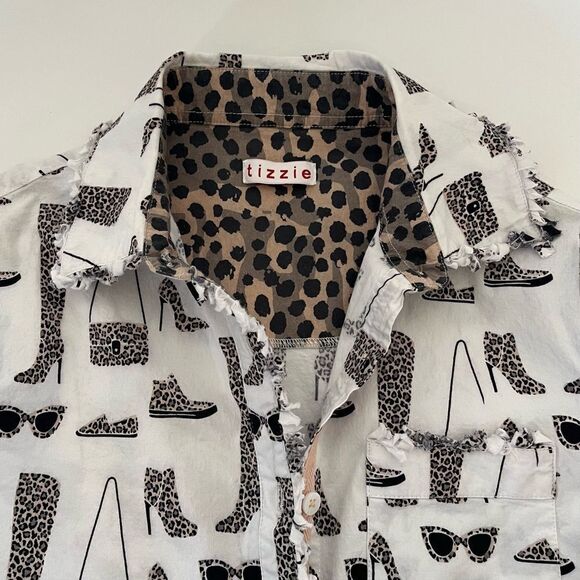 Tizzie White Shirt Fashionista Shopping Girly Leopard Cheetah Print Fringe Small - Picture 9 of 12